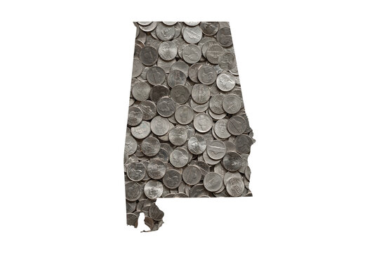 Alabama State Map Outline with Piles of Nickels, Money Concept