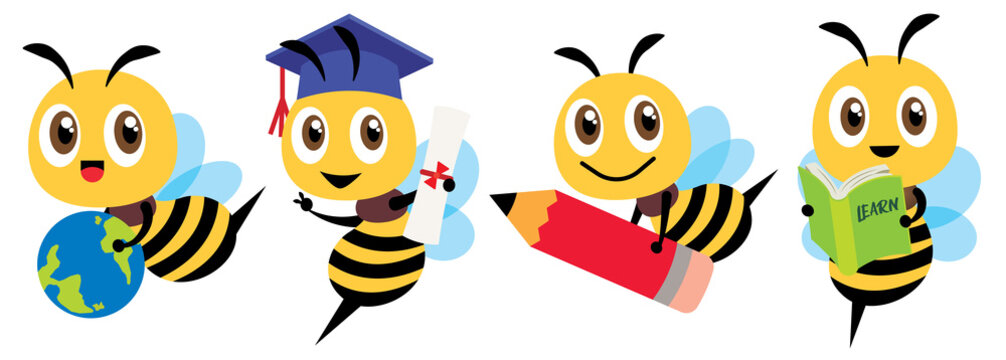 Bee Back to school set. Cartoon cute bee education mascot set. Cartoon cute bee graduation, holding a learning book, carrying a globe earth, carrying a big red pencil - Vector character flat art