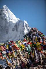 Prayer flags with mountain in the background. 