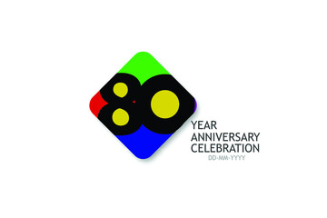 80  year anniversary Billboard Style, minimalist logo years, jubilee 4 colors Black, red, yellow, green and purple, greeting card. invitation - Vector