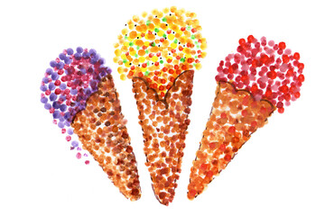 Watercolor illustration in pointillism style. Ice cream dots.