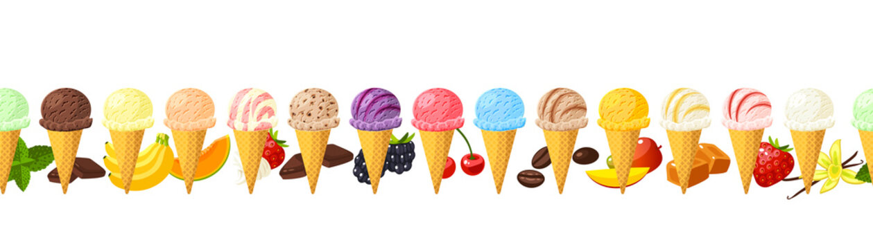 Collection of colorful ice cream cones. Seamless horizontal background. Design template for promo, menu, flyer. Vector illustration cartoon flat icon set on white.
