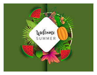 Fototapeta premium Summer vector banner design with tropical fruits and palm leaves background. Vector illustration.