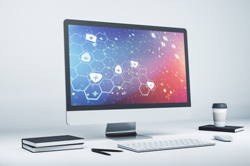 Creative concept of abstract medical illustration on modern laptop screen. Medicine and healthcare concept. 3D Rendering