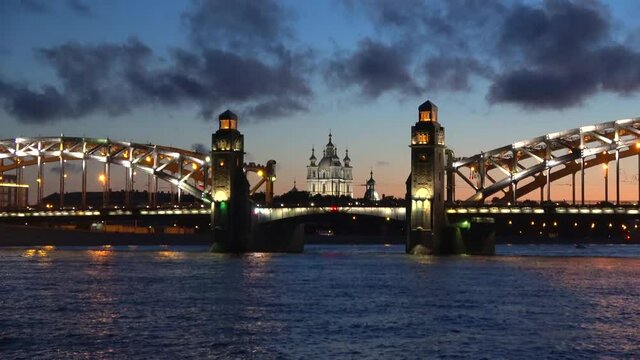 Peter the Great bridge and Smolny Cathedral on a June night. Saint Petersburg, Russia