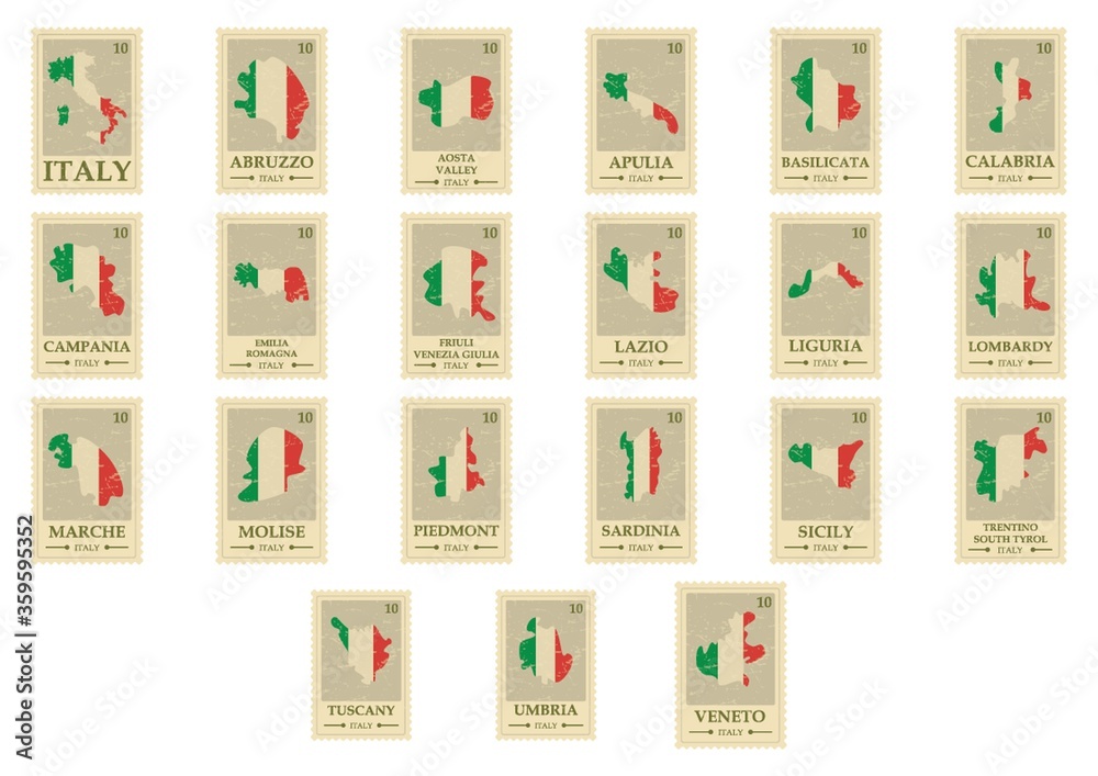 Poster set of italian cities map postal stamps