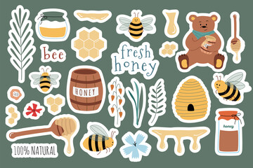 Set of cartoon stickers: bees, fresh honey, jars, honey spoon, flowers, bear, honeycomb. Useful for design of organic product, flyers, backgrounds. Hand drawn vector illustration. Isolated objects