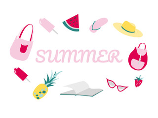 Vector illustration with different summer isolated objects: hats, ice-creams, sunglasses, bags, fruits, sandals and bright pink sign