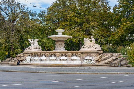 Wittelsbach Fountain in Lehnbachplatz. Munich. Germany