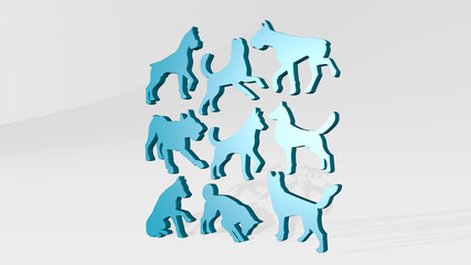 dogs on the wall. 3D illustration of metallic sculpture over a white background with mild texture. canine and cartoon