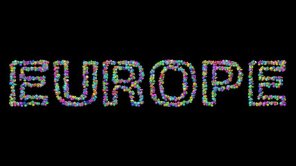 Obraz premium EUROPE: 3D illustration of the text made of small objects over a black background with shadows