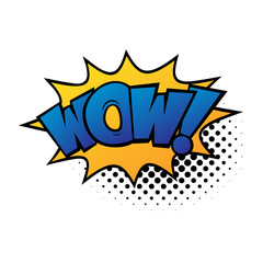 Comic lettering wow. Comic speech bubble with emotional text Wow. Bright dynamic cartoon illustration in retro pop art style isolated on white background. Comic text sound effects