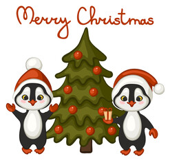 Cute penguins in red hats of Santa Claus near the Christmas tree. Vector illustration. Merry Christmas poster.