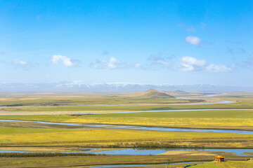 The origin of The Yellow river, winding up in a vast grassland, in Tibet, China.
