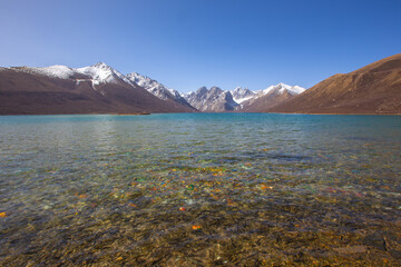Nianbaoyuze, A sacred lake in Tibet with green water and snow mountains in the back.