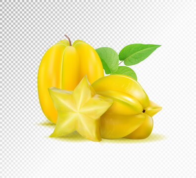 Karambola (star fruit) with slices and leaves on a transparent background. Realistic vector illustration, 3d