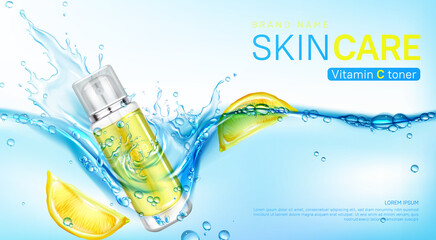 Vitamin toner ad banner, cosmetics bottle floating in fresh water with lemon citrus slices. Beauty cosmetic product pump tube, makeup remover promo poster template. Realistic 3d vector illustration