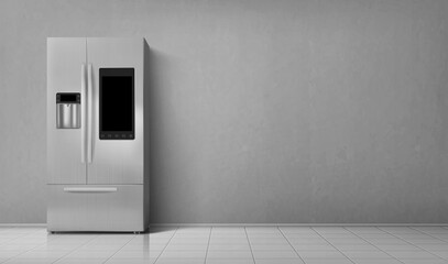 Smart fridge, refrigerator front view with wifi, digital display, dispenser for water on tile floor. Modern two-chambered freezer design, realistic 3d vector kitchen appliance on gray wall background