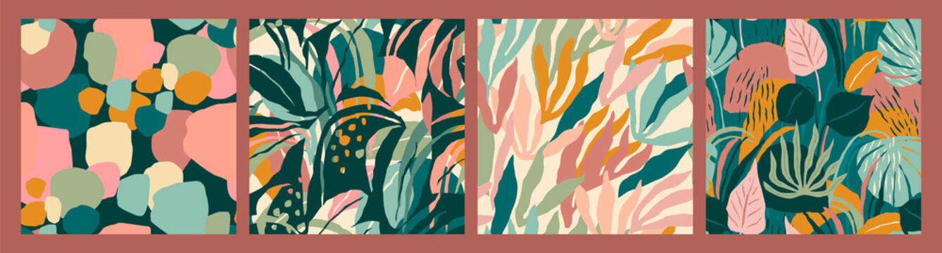 Abstract collection of seamless patterns with leaves and geometric shapes.