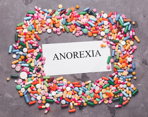 Pills with word ANOREXIA on grunge background