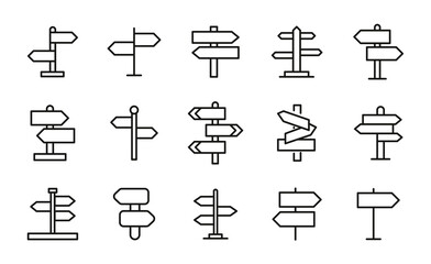 Set of sign post related vector line icons.