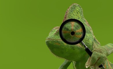 Chameleon is looking through a magnifying glass - 359603163