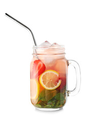 Mason jar of fresh strawberry lemonade on white background