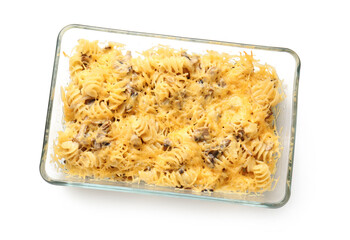 Tasty baked pasta in dish on white background