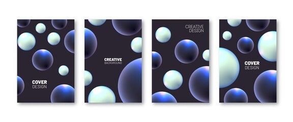 Future cover set. 3d round shapes composition. Dark and light dynamic flowing spheres