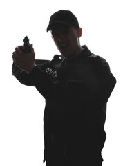 Silhouette of aggressive police officer with gun on white background