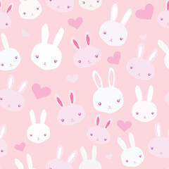 Baby girl nursery seamless pattern with white bunnies and cute rabbits and hearts on pink background.