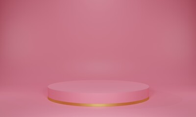 3D rendering of empty, blank, flat, circular pink and gold surface, display podium or pedestal against studio background. Great template for exhibitions, product showcases, advertising and promotions.