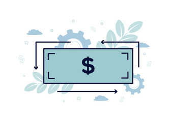 Finance illustration. International Currency Exchange. Dollar bill, around arrows, on a background of branches with leaves, clouds, dollar sign, stars