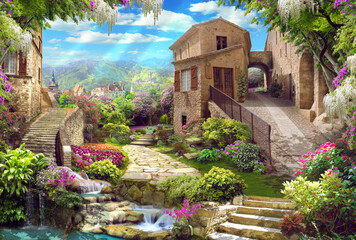 Beautiful collage with access to the garden, with old houses, flowers and waterfalls. Digital collage, mural and mural. Wallpaper. Poster design. Modular panel.