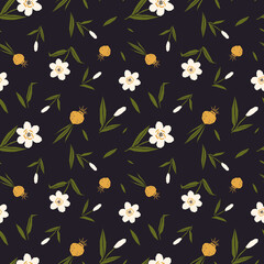 folk art style vintage retro vibe daffodil seamless repeated pattern in dark blue background