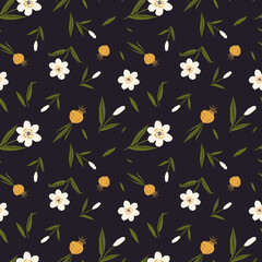 folk art style vintage retro vibe daffodil seamless repeated pattern in dark blue background