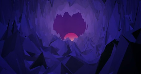 Low Poly anime style cave tunnel animation with fog and realistic movement into the unknown. Neon retro 80s evolving surface tunnel 3D abstract animated background in 4K - Powered by Adobe
