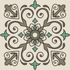 Seamless Azulejo tile in brown, green and gray colors. Portuguese and Spain decor. Islam, Arabic, Indian, Ottoman motif. Vector Hand drawn pattern