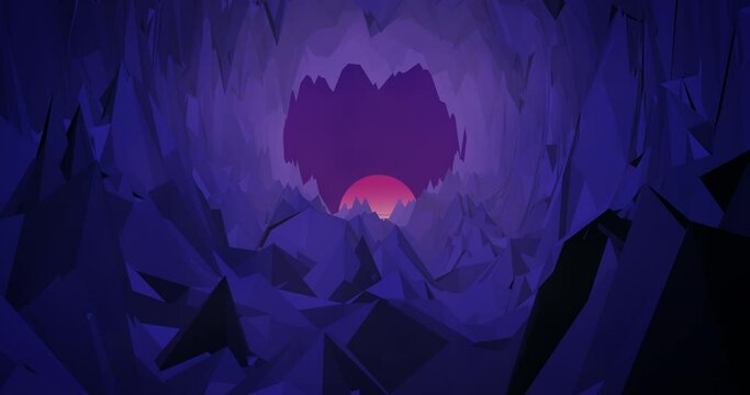 Low Poly anime style cave tunnel animation with fog and realistic movement into the unknown. Neon retro 80s evolving surface tunnel 3D abstract animated background in 4K