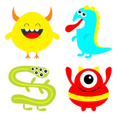 Monster colorful silhouette set. Dino, snake. Happy Halloween. Cute kawaii cartoon scary funny character icon. Eye, hair, tongue, teeth, hands. Funny baby collection. White background. Flat design.