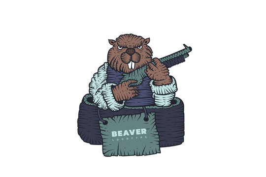 Beaver with a shotgun emblem. Logotype . Vector illustration 