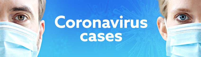 Coronavirus cases. Faces of man and woman with face mask. Couple wearing breathing mask. Blue background with text. Virus, corona, coronavirus