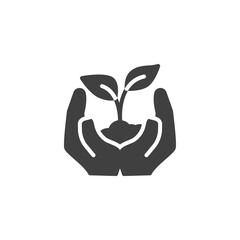 Plant growing in hands vector icon. filled flat sign for mobile concept and web design. Hands with sprout and soil glyph icon. Save nature symbol, logo illustration. Vector graphics
