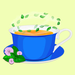 A Cup of tea with mint leaves. Mint tea. Yellow, isolated. Illustration