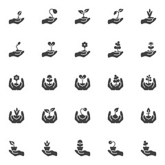 Hands with plants vector icons set, modern solid symbol collection, filled style pictogram pack. Signs, logo illustration. Set includes icons as hand holding sprout, growing plant in soil, flower pot