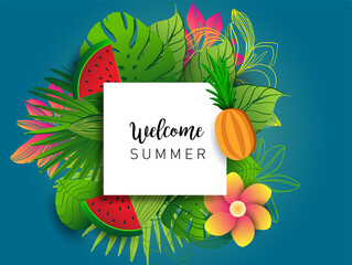 Summer vector banner design with tropical fruits and palm leaves background. Vector illustration.