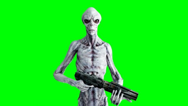 Alien walking with gun. Realistic motion and skin shaders. 4K green screen footage.
