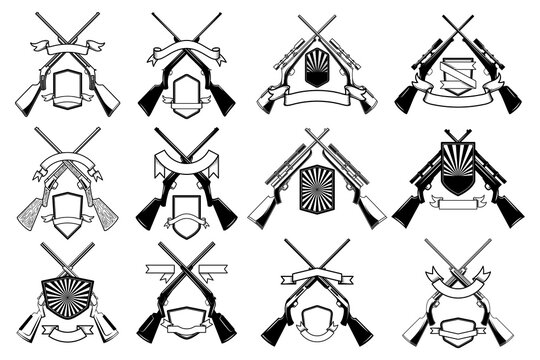 Set of hunting emblems with hunting guns and rifles. Design element for logo, emblem, sign, poster, card, banner. Vector illustration