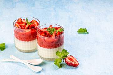 Delicious Italian dessert Panna Cotta with strawberry coulis. Milk dessert with berries. banner menu recipe place for text