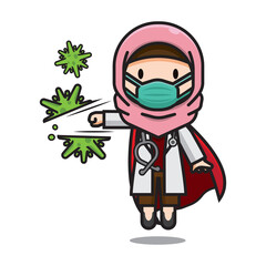 Illustration of Cute Doctor Muslim Hitting Corona Virus Vector The Concept of Isolated Technology. Flat Cartoon Style Suitable for Landing Web Pages, Banners, Flyers, Stickers, Cards